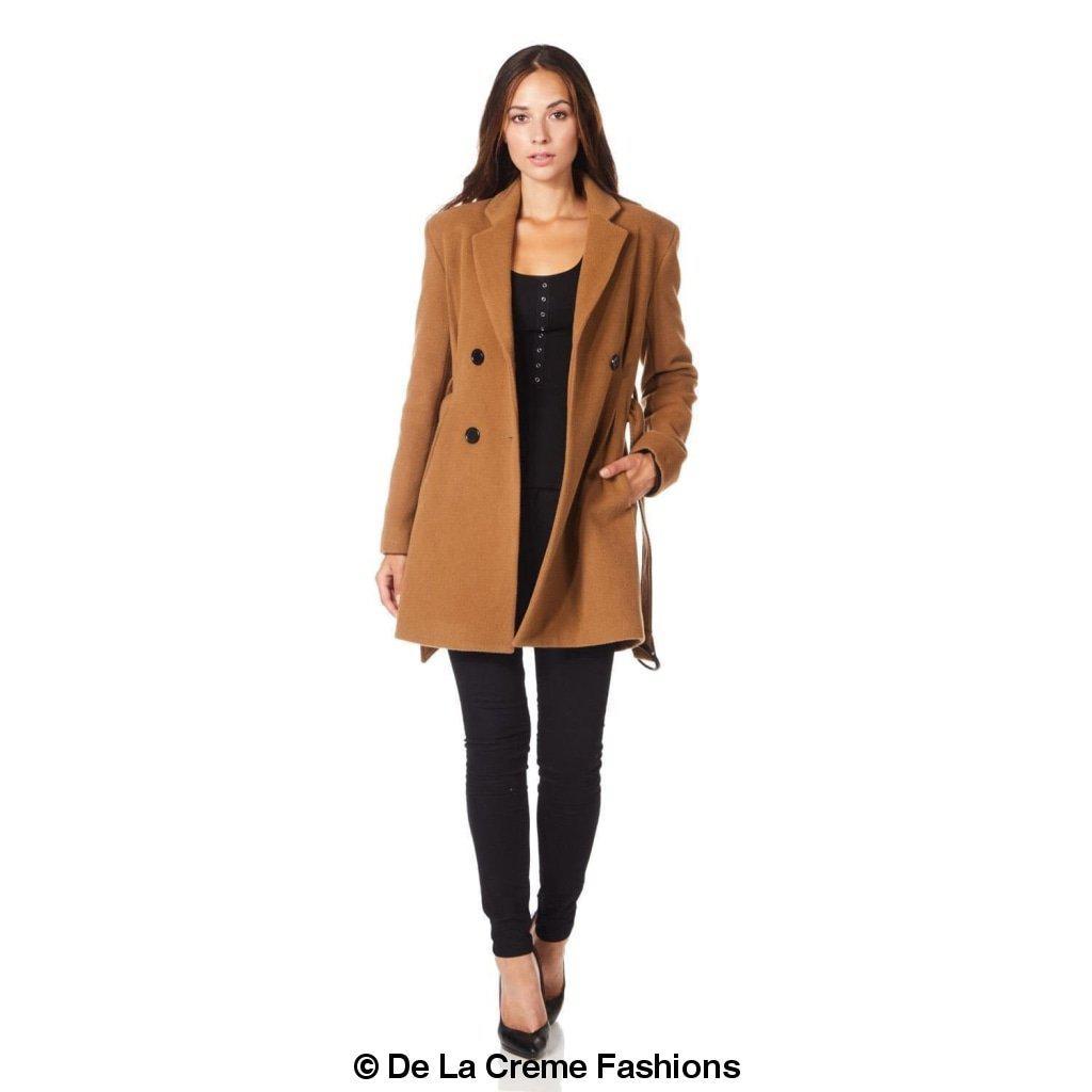 De La Creme - Womens Camel Textured Short Belted Coat